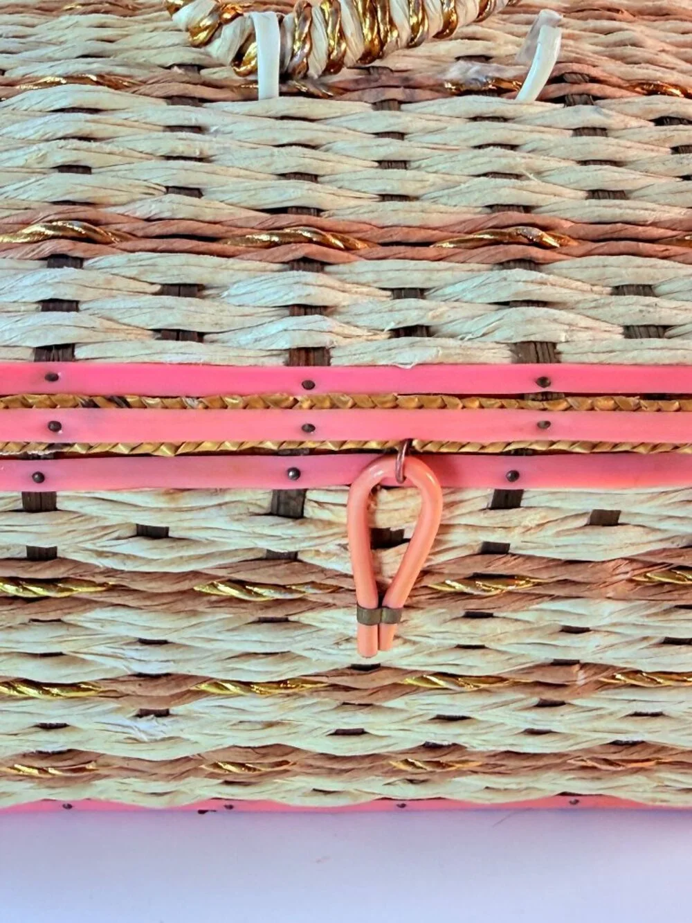 Vintage Wicker Sewing Basket Organizer With Pink Satin Lining & Assorted
